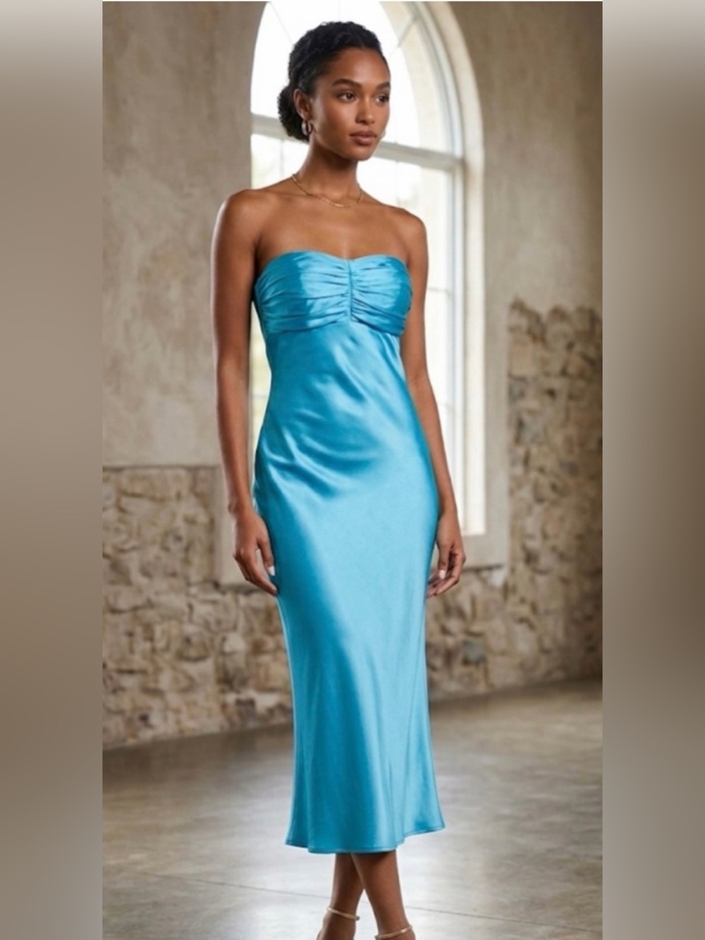 CIN CIN Strapless Satin Midi Dress in Turquoise Size Small